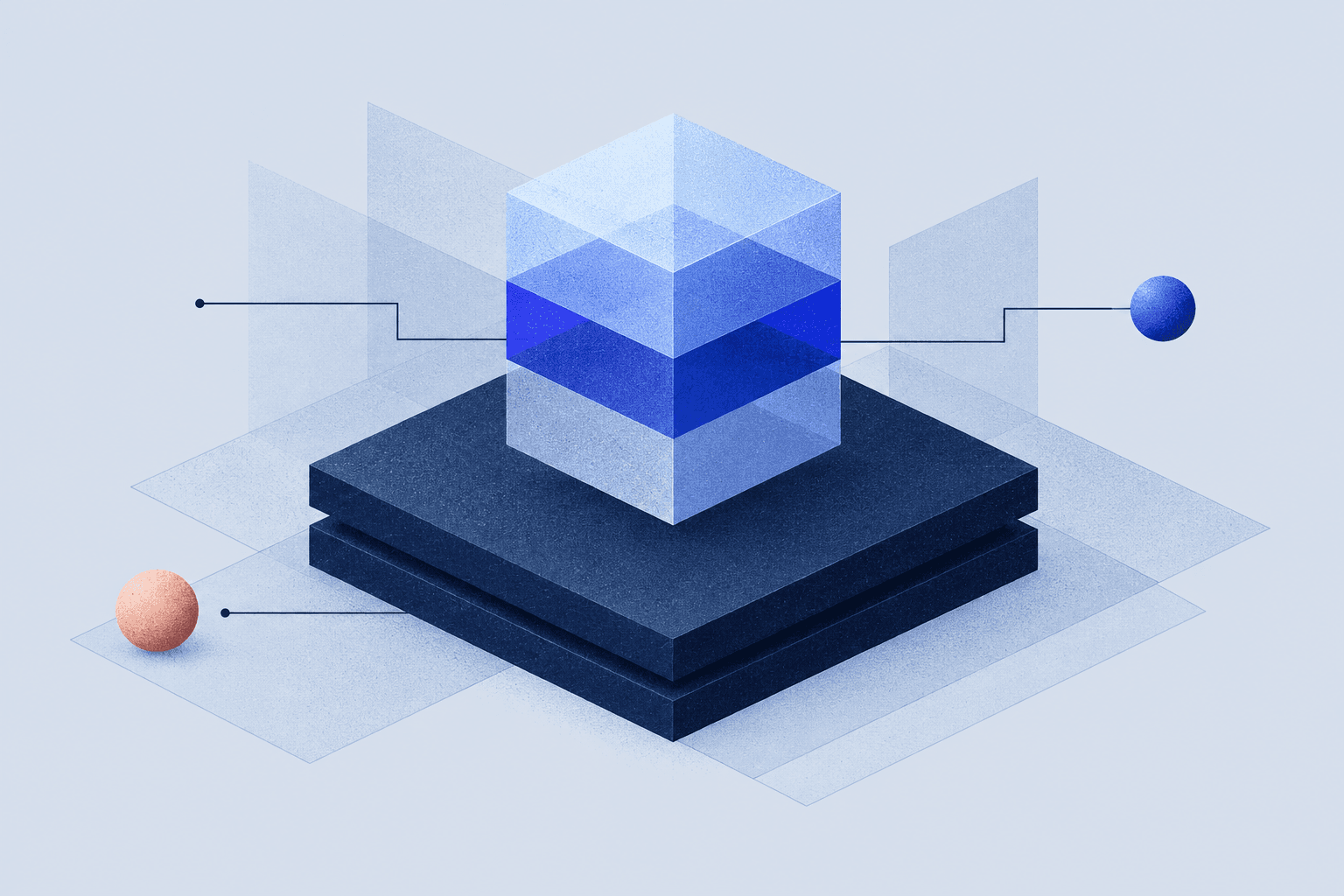 Translucent blue model layers supported by a shared navy platform, connected by fine lines.